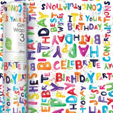 3M x 70CM Roll Wrap Bright Happy Birthday